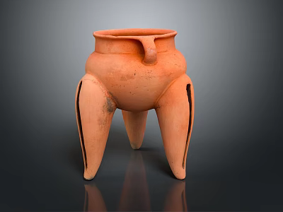 Ancient Terracotta Vessel With Tripod Legs Side Handle And Textured Surface 3d model