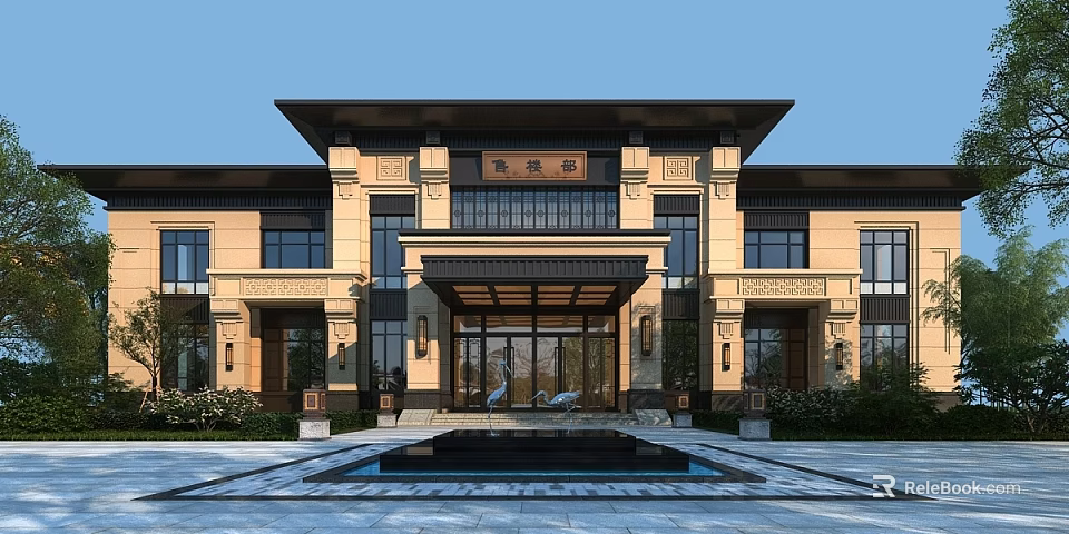 Grand Chinese Style Clubhouse Exterior With Pool And Elegant Architecture 3d model 