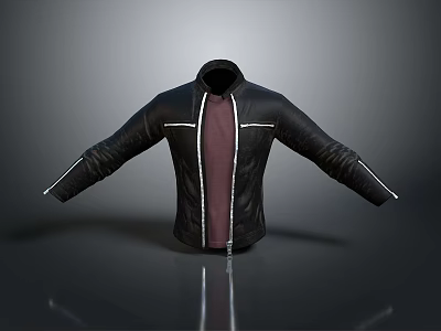 Stylish Black Leather Jacket With Stand Collar White Stitching And Burgundy Inner Lining 3d model