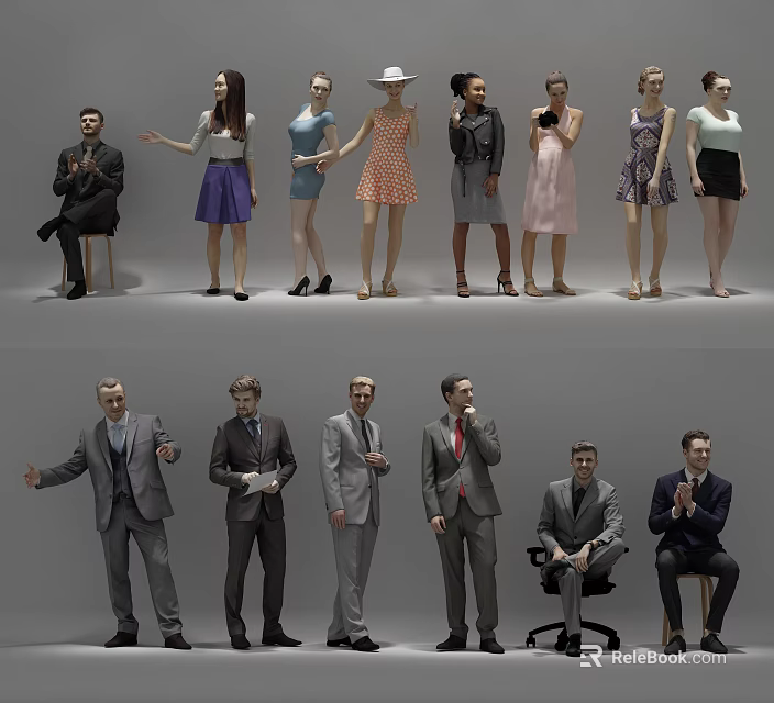 Diverse Group of People in Various Outfits with Different Poses Standing and Sitting 3d model 