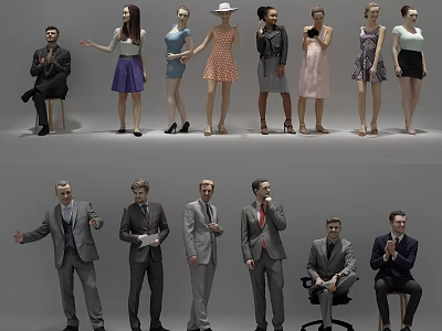 Diverse Group of People in Various Outfits with Different Poses Standing and Sitting 3d model