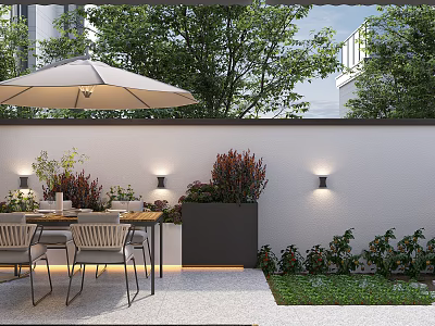 Stylish Outdoor Garden Decor in Walled Space with Umbrella Dining Set Wall Lights and Greenery 3d model