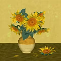 Sunflowers Arranged in Yellow and White Vase with Yellow Background and Sunflower on Table