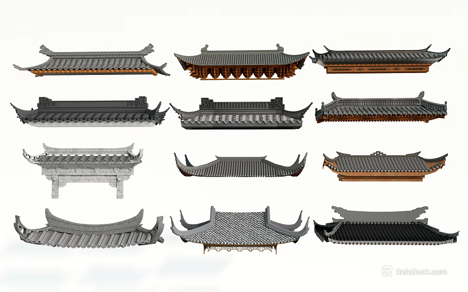 Traditional Chinese Architectural Roof Components With Various Tile And Eave Structures 3d model
