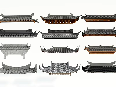 Traditional Chinese Architectural Roof Components With Various Tile And Eave Structures 3d model