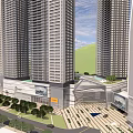 Modern Commercial Complex With High Rise Buildings Green Spaces And Plaza