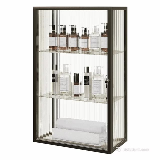 Elegant Glass Shelf Storage For Daily Washing Essentials With Various Bottles And Towels 3d model 