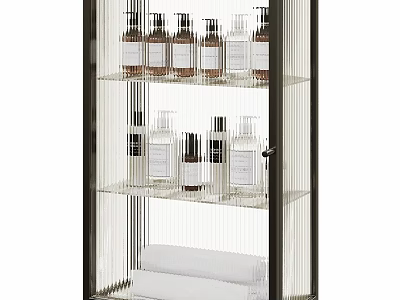 Elegant Glass Shelf Storage For Daily Washing Essentials With Various Bottles And Towels 3d model