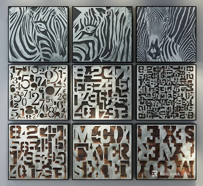 Abstract Paintings With Multiple Panels Featuring Black White Stripes Numbers Letters And Geometric Patterns 3d model 