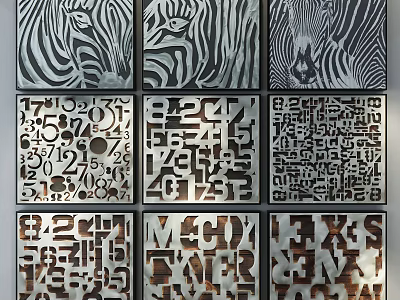Abstract Paintings With Multiple Panels Featuring Black White Stripes Numbers Letters And Geometric Patterns 3d model