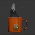 Orange Ceramic Mug With Camellia Tea Bag Steeping In Hot Water