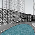 Modern Sales Center Building with Curved Metal Facade Glass Curtain Wall and Water Reflection