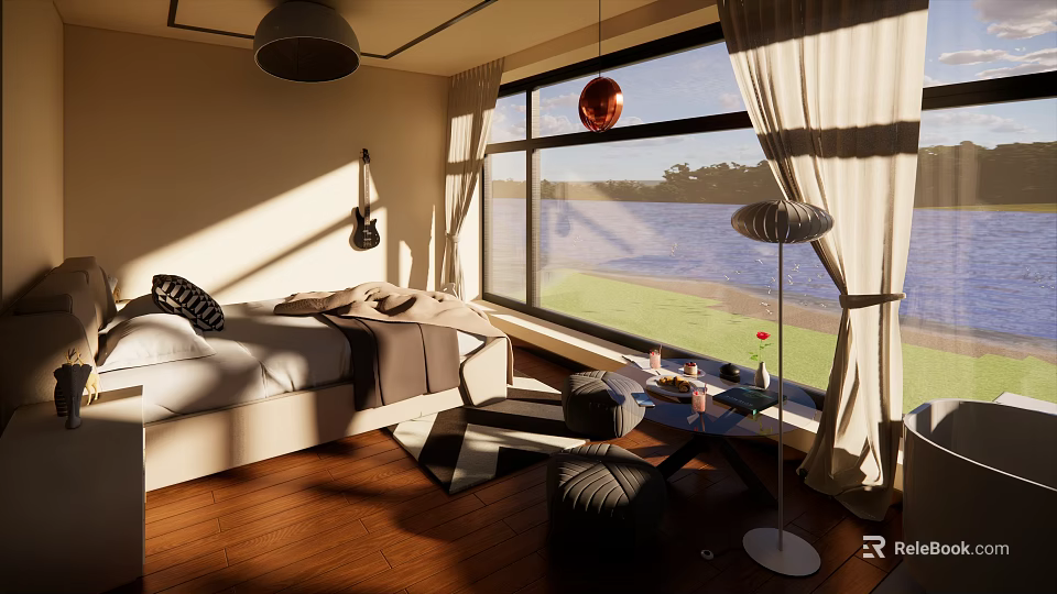 Sunlit Hotel Guest Room With Large Window River View Comfortable Bed And Modern Furniture 3d model 