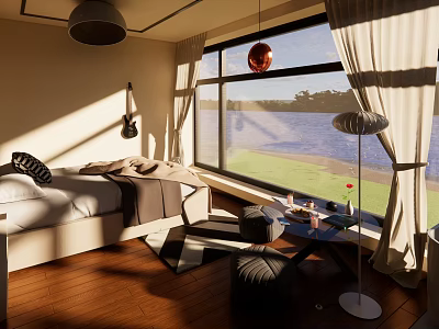 Sunlit Hotel Guest Room With Large Window River View Comfortable Bed And Modern Furniture 3d model