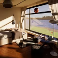 Sunlit Hotel Guest Room With Large Window River View Comfortable Bed And Modern Furniture