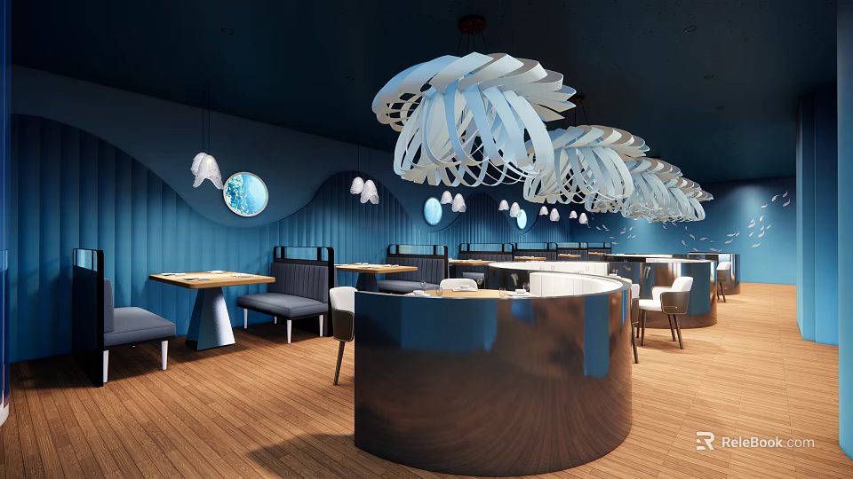 Modern Blue Restaurant Interior With Curved Bar Counter And Hanging Leaf Lamps 3d model 