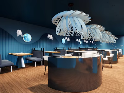 Modern Blue Restaurant Interior With Curved Bar Counter And Hanging Leaf Lamps 3d model