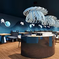 Modern Blue Restaurant Interior With Curved Bar Counter And Hanging Leaf Lamps