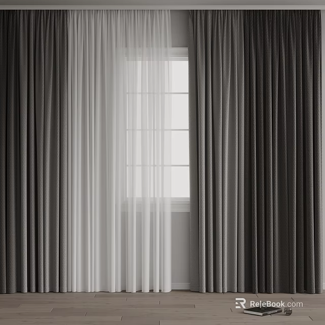 Gray Curtains With White Sheer Panels By Grid Pattern Glass Window Indoor Interior Design 3d model