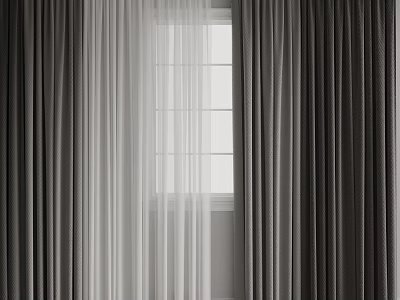 Gray Curtains With White Sheer Panels By Grid Pattern Glass Window Indoor Interior Design 3d model