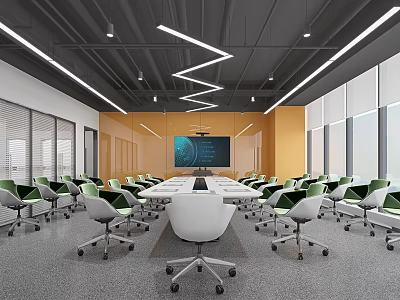 Modern Conference Room Interior With Long Table Green White Chairs Geometric Lights And Large Screen 3d model