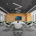 Modern Conference Room Interior With Long Table Green White Chairs Geometric Lights And Large Screen