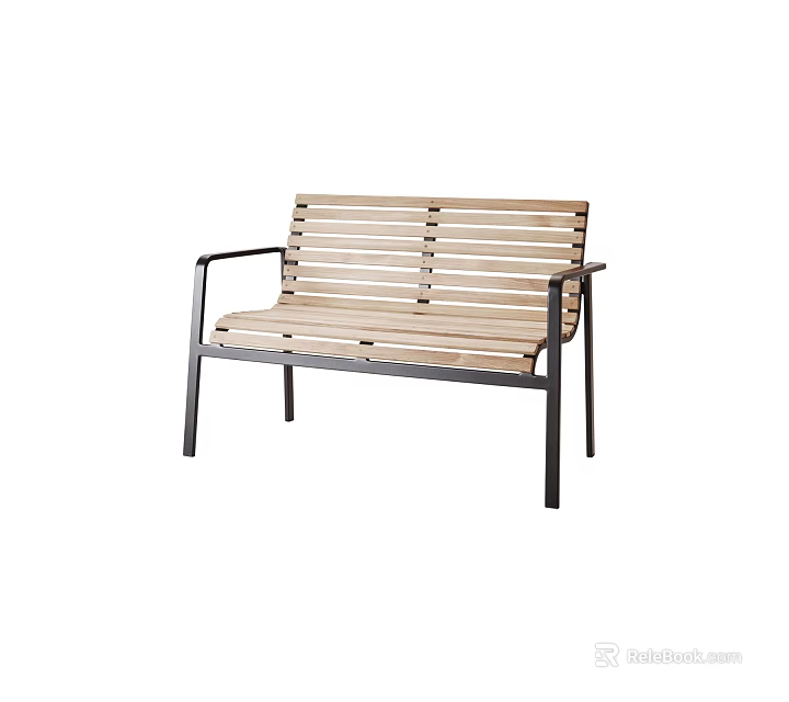 Modern Public Bench With Wooden Slats And Metal Frame For Outdoor Use 3d model 