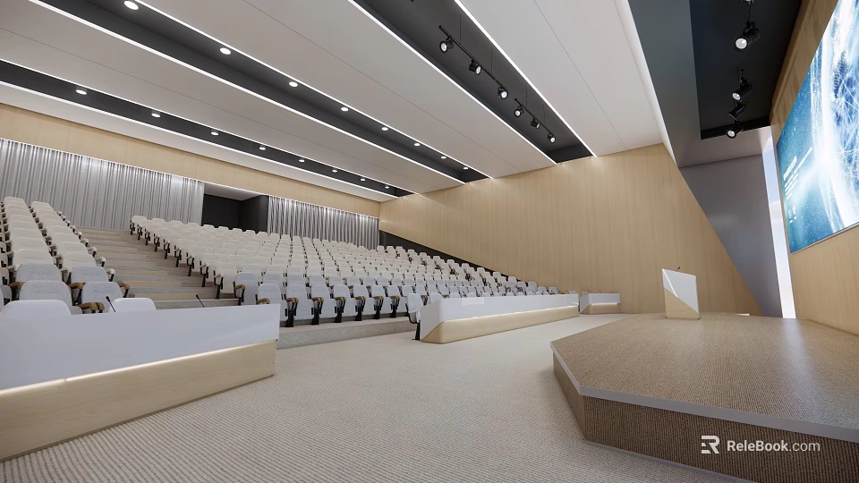 School Auditorium With Stepped White Seats Wooden Walls And Ceiling Lights 3d model 