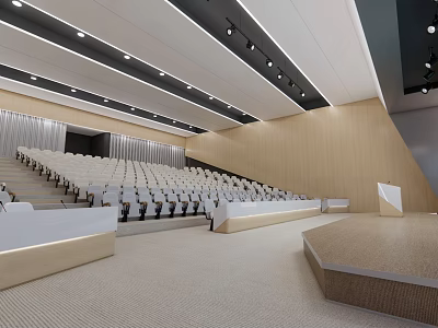 School Auditorium With Stepped White Seats Wooden Walls And Ceiling Lights 3d model