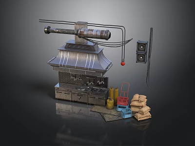 Industrial Metal Machine Setup With Pipes Control Panel Yellow Drums Blue Cart And Sacks 3d model