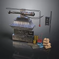 Industrial Metal Machine Setup With Pipes Control Panel Yellow Drums Blue Cart And Sacks