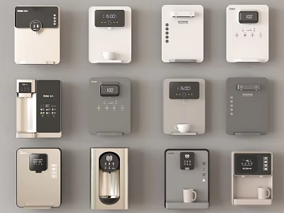 Modern Water Dispensers With Various Designs Digital Displays And Multiple Color Options 3d model