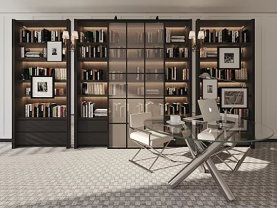 Large Modern Bookshelf With Multi Tiered Storage And Framed Photos In Home Office 3d model