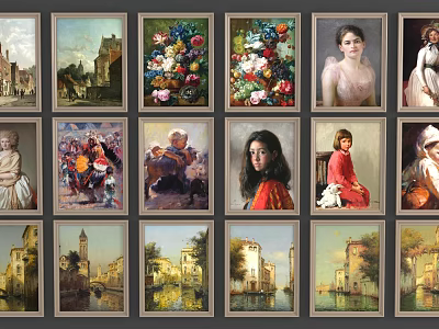 Various Art Paintings Including Landscapes Flowers And Portraits In Grid 3d model