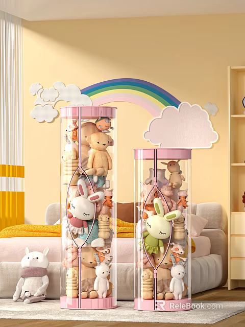 Transparent Storage Boxes Filled With Stuffed Toys In Kids Room 3d model 