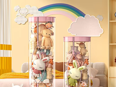 Transparent Storage Boxes Filled With Stuffed Toys In Kids Room 3d model