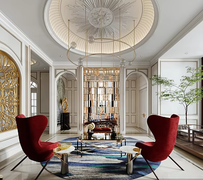 Luxurious Living Dining Room Interior with Ornate Ceiling Chandelier Red Armchairs And Golden Accents 3d model