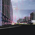 Vibrant Modern Commercial Street With Tall Buildings Shops Trees Pedestrians And Vehicles