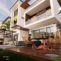 Modern Urban Neighborhood With High Rise Buildings Tree Lined Streets Vehicles And Pedestrians