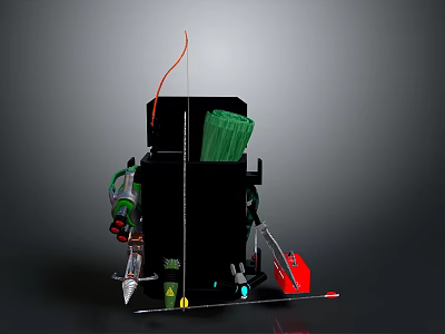 Weapon Display With Bow Orange String Green Arrows Red Tool And Metal Parts 3d model