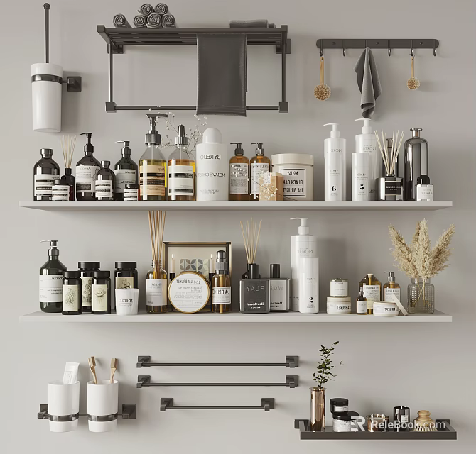 Bathroom Accessories Organized on Shelves Including Toiletries Bottles Towels Hooks and Small Plants 3d model 