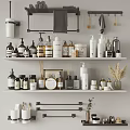 Bathroom Accessories Organized on Shelves Including Toiletries Bottles Towels Hooks and Small Plants