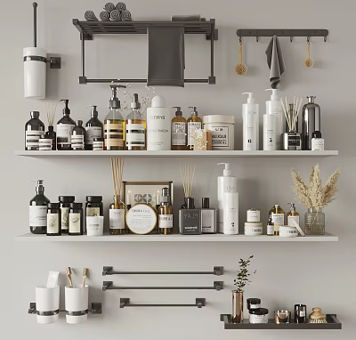 Bathroom Accessories Organized on Shelves Including Toiletries Bottles Towels Hooks and Small Plants 3d model