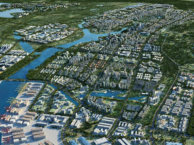 Aerial View Planning of Urban Development Area with Rivers and Residential Buildings Layout 3d model