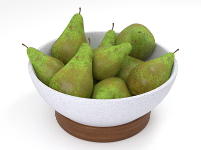 Fresh Green Pears in White Bowl with Wooden Base on White Background 3d model