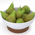 Fresh Green Pears in White Bowl with Wooden Base on White Background