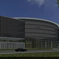 Modern Curved Office Building With Glass Curtain Walls And Lawn Front Entrance With Parked Cars