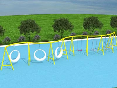 Outdoor Playground Equipment With Yellow Frames White Ring Red Swings On Blue Surface Green Grass 3d model