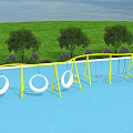Outdoor Playground Equipment With Yellow Frames White Ring Red Swings On Blue Surface Green Grass