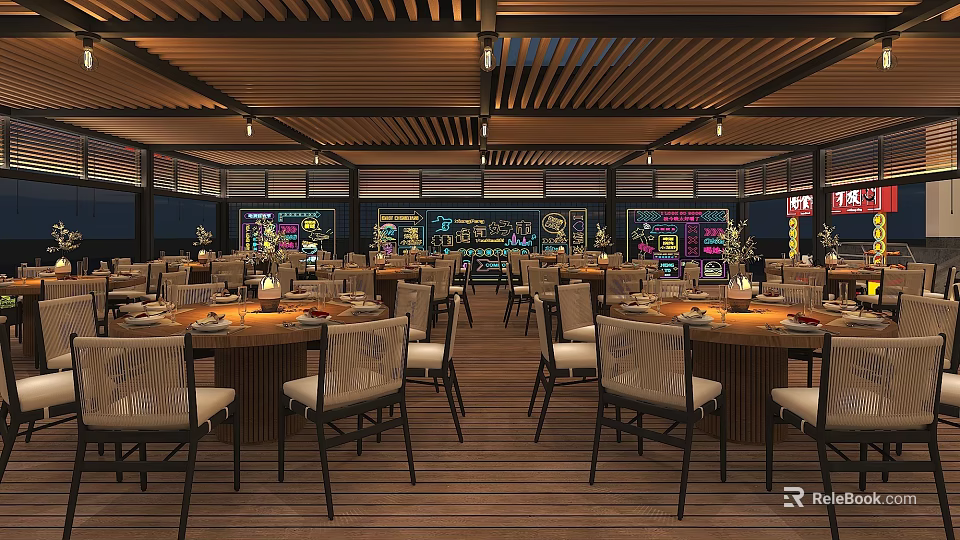 Modern Restaurant Interior With Round Tables Chairs Wooden Flooring And Ceiling Grilles 3d model 